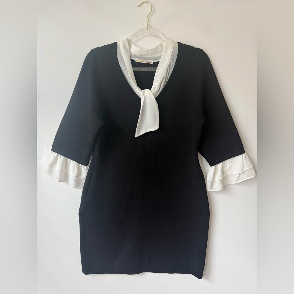 Women's Black Midi Dress with White Tie-Neck and Ruffle Sleeves